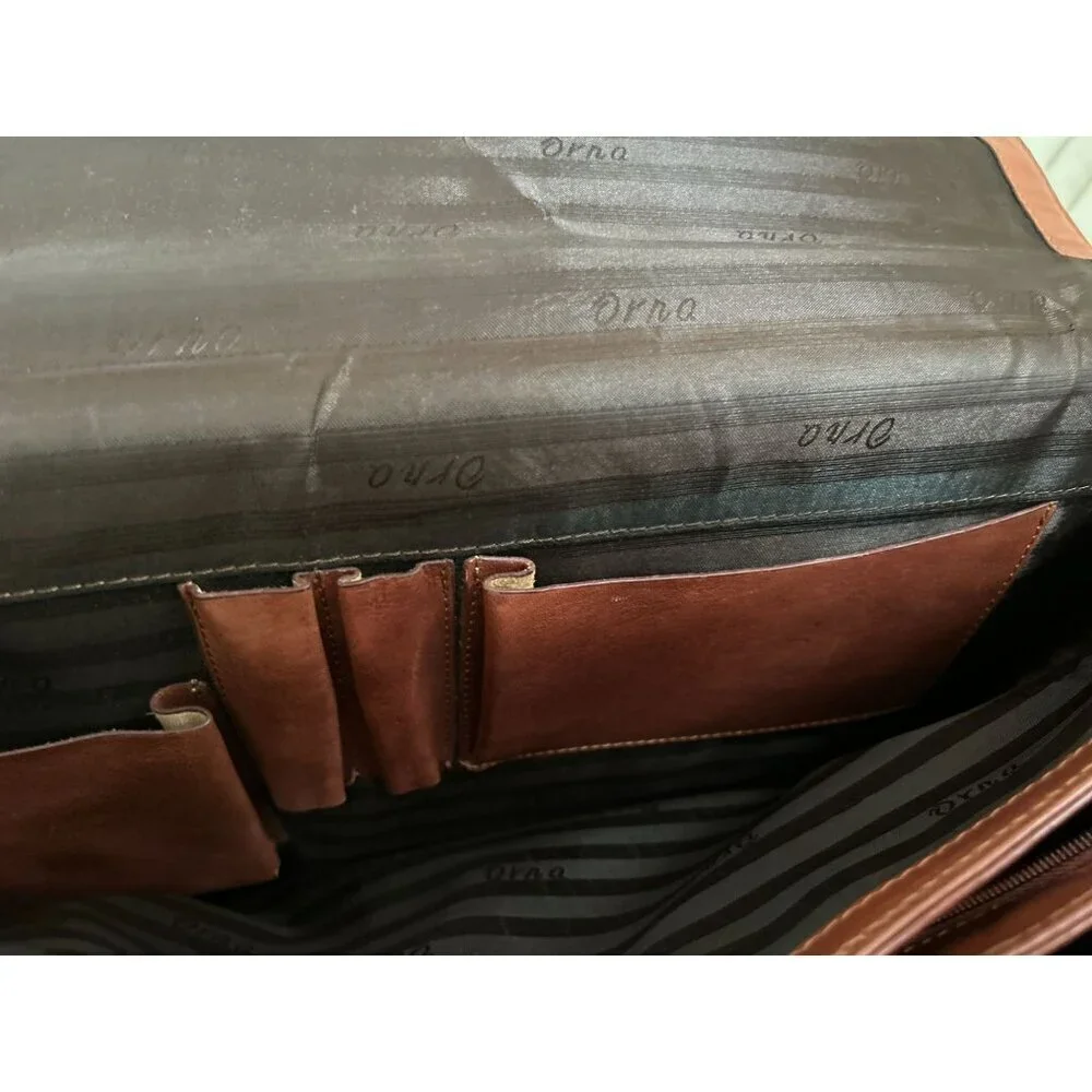 Vintage Orna Brown Leather Briefcase With Detachable Strap & Brass Hardware